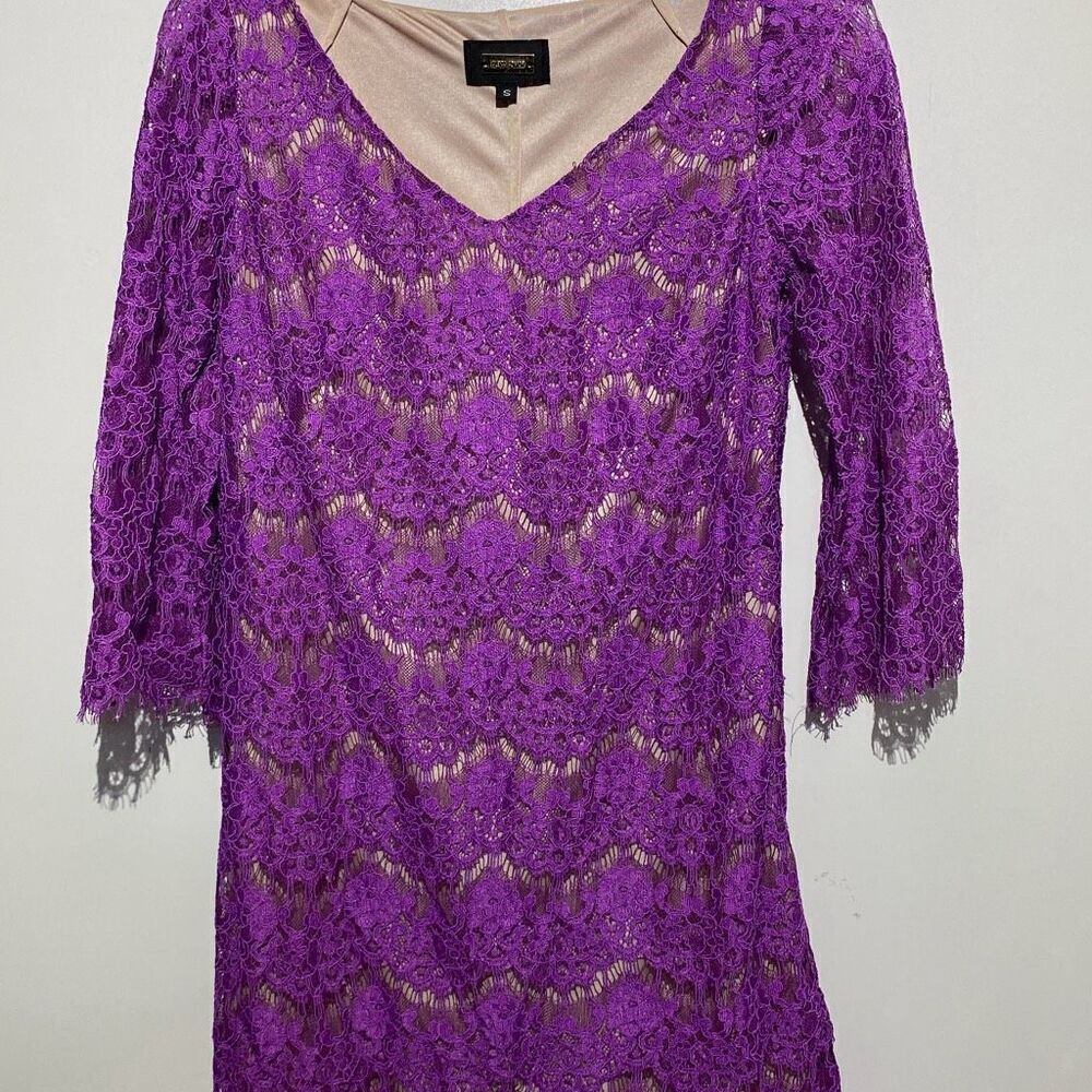 Alexa Admor Women's Purple V-Neck 3/4 Sleeve Floral Lace Midi Dress Size Small